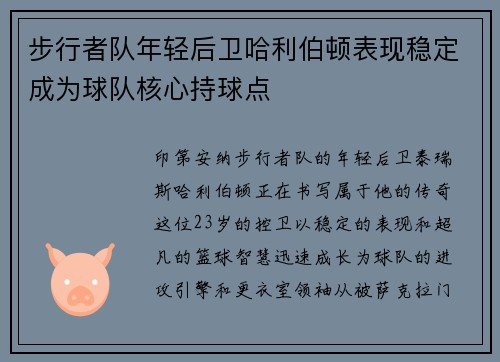 步行者队年轻后卫哈利伯顿表现稳定成为球队核心持球点